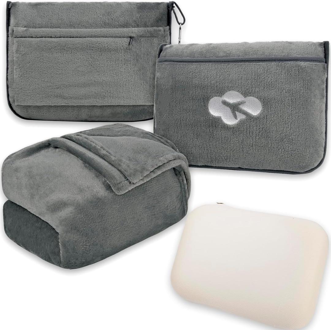 Blanket Pillow for Airplane Travel Essentials - 3 In 1 Travel Blanket and Pillow Set for Women Gifts, Plane Compact with Bag for Long Flight, International Traveler Must Haves Flying Accessories(Gray) 