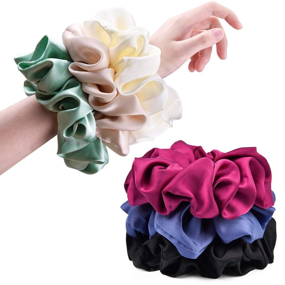 CEELGON Big Real Silk Scrunchies for Women Extra Large Scrunchie Satin Oversized Silk Scrunchy for Thick Hair Elastic Hair Ties Jumbo Hair Scrunchies 6 Pack (black,white,mulberry,champagne,blue,green)