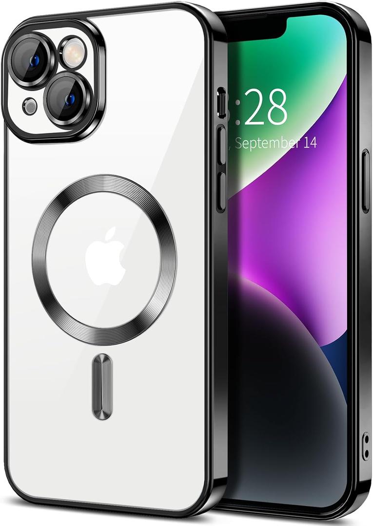 Hython Magnetic Clear for iPhone 14 Case with Camera Lens Protector [Compatible with MagSafe] Luxury Plating Edge Slim Soft TPU Cover Protective Phone Case for iPhone 14 6.1", Black