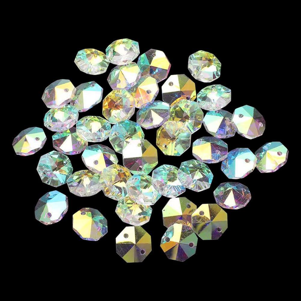 200 Pcs 14 mm 2 Hole Crystal Prism Beads Small Crystal Suncatcher Beads Glass Faceted Bead Chandelier Replacement Crystals DIY Lamp Hanging Pendant Bead for DIY Arts Crafts Decoration AB Color