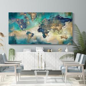 Large World Map Canvas Prints Wall Art for Living Room Office 30x60 Green World Map Picture Artwork Decor for Home Decoration (58L" x 29W")