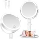 Lighted Makeup Mirror with 10X Magnification, Rechargeable LED Magnifying Vanity Mirror with 3 Lights, Adjustable Height, Storage Base and Phone Holder, White, 7 inch