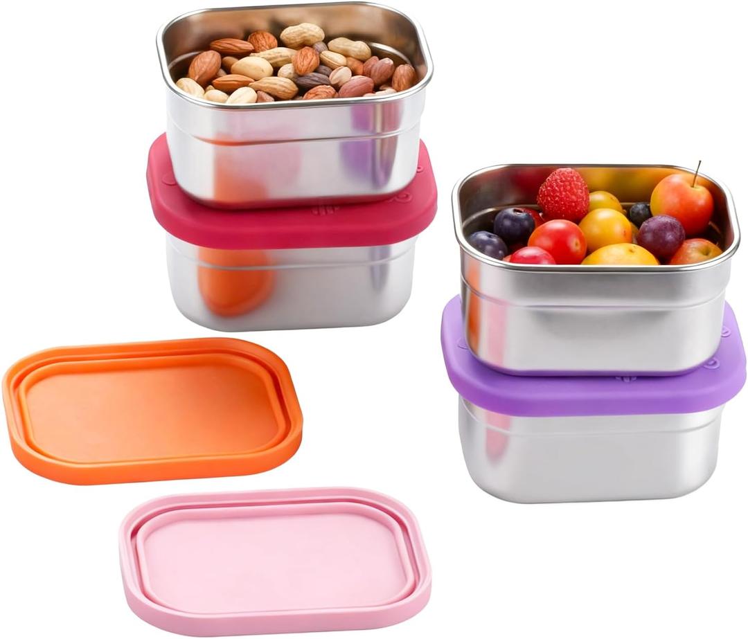 4 Pack Stainless Steel Snack Containers with Lids Set, 10oz Rectangular Easy Open Leakproof Reusable Snack Box Container for Lunch, Small Lunch Food Containers for Meal Prep, Salad Dressing To Go