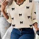 Womens V Neck Pullover Sweaters Long Sleeve Scallop Trim Knit Tops Loosed Fit 2026 Fall Outfits