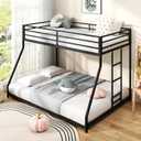 Twin Over Full Size Bunk Bed, Metal Low Profile Bunkbeds with Full-Length Guardrail and Ladder, Space Saving, No Boxing Spring Needed, Black