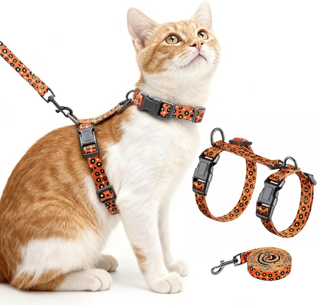 Halypet Cat Harness and Leash Set, Escape Proof 3-in-1 Adjustable Harness for Cats & Kittens, Soft Lightweight, Easy On & Control for Walking, Travel & Outdoor Use, Vibrant Leopard Orange, Medium