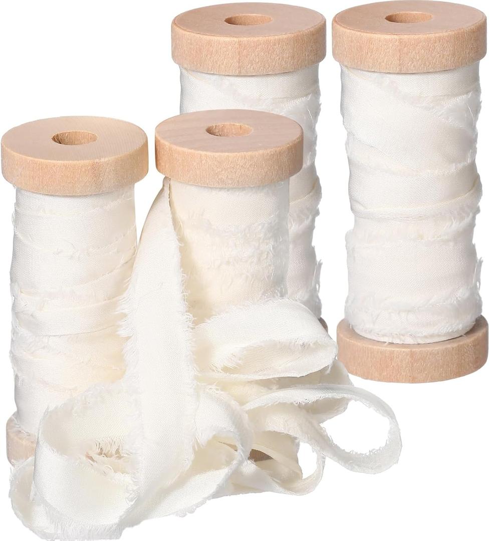 Mindsoft Frayed Chiffon Ribbon for Craft, Silk Satin Ribbons 1/2-1/4 Inch x 20 Yard Handmade Seam Binding Fabric Strips with Wooden Spool for Wedding Gift Wrapping(Ivory)