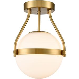 HOLKIRT Modern Light Fixture,Mid Century Semi Flush Mount Ceiling Light,Kitchen Light Fixtures Hallway Light Fixtures Ceiling,Brass Globe Ceiling Light Bedroom with Opal Glass 7Inch/18CM