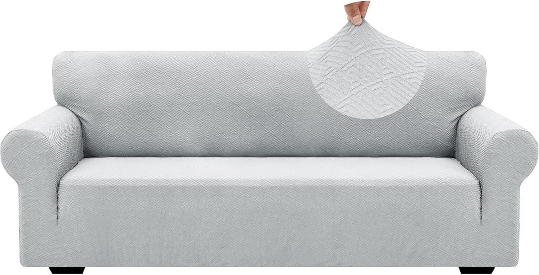 ZNSAYOTX 1 Piece Jacquard Couch Covers for 3 Cushion Couch Living Room High Stretch Sofa Cover Pets Dogs Friendly Anti Slip Thickened Slipcovers Furniture Protector (Large, New Pattern Silver Grey)