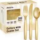 300 Pieces Heavy Duty Gold Plastic Silverware Set, Disposable Gold Cutlery Set Plastic Utensils, BPA-Free and Food Safe, Includes 100 Forks, 100 Spoons and 100 Knives