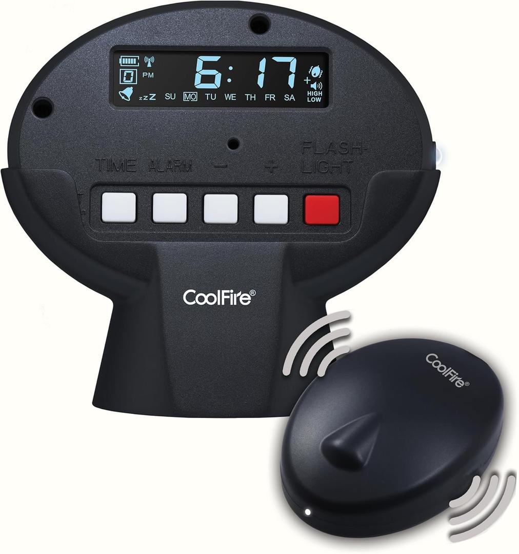 CoolFire Vibrating Alarm Clock for Heavy Sleepers, Deaf & Hard of Hearing Rechargeable Portable Travel Digital Clock with Strong Bed Shaker Choose Silent Vibration OR Loud Sound Mode LCD Backlight