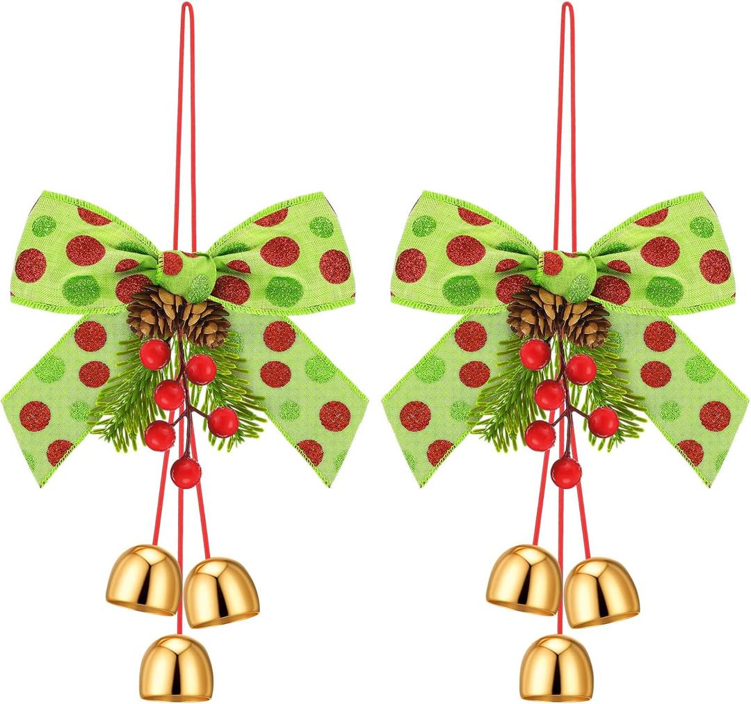 2 Pcs Red Green Christmas Jingle Bell with Velvet Ribbon Bows and Pine Cone Hanging Ornament Christmas Door Knob Hangers Tree Topper Wall Wreath Decoration for Cabinet Door Handle Knob Party Decor (Berry)