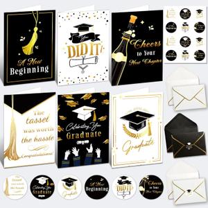 12 Pack Gold Foil Graduation Cards 5 x 7 in with Envelopes and Sticker Seals, 6 Elegant Designs with Printed Messages Inside, Congrats Cards for High School & College Graduates, Gifting and Mailing