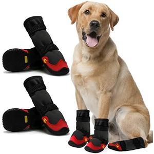 Dog Shoes for Hot Pavement Anti-Slip Dog Boots & Paw Protectors for Summer Rainy Day Dog Snow Boots Waterproof Dog Shoes for Small Medium Large Dogs with Reflective Straps for Hiking 4Pcs (Black Red, Size 4 :2.56''x2.16''(L*W)) 