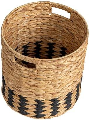 Household Essentials Natural Water Hyacinth and Paper Basket with Stripes, Natural and Black Set Of 3( 15×15.5, 13×13.5, 11×11.5in)