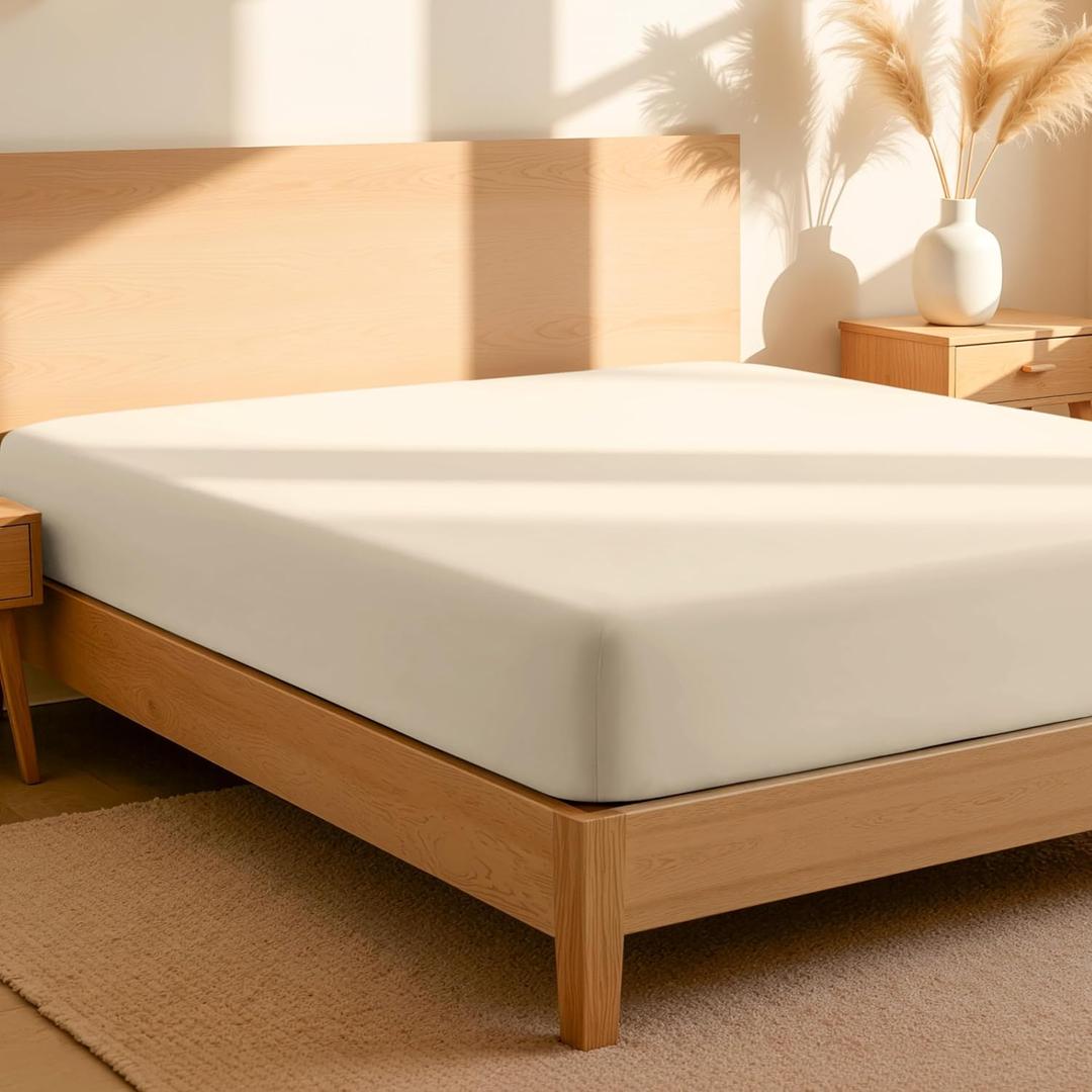 Bare Home 100% Organic Cotton Queen Fitted Sheet - Crisp Percale Weave - Lightweight & Breathable - Deep Pocket Fitted Sheet (Queen, Sand)