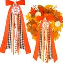 2 Pcs Large Fall Wreath Sashes for Front Door 23.6'' Happy Harvest Ribbon Bundle for Wreath with Bows, Bells & Signs Thanksgiving Assorted Ribbon Bow for Autumn Yard Porch Decoration(Fall)