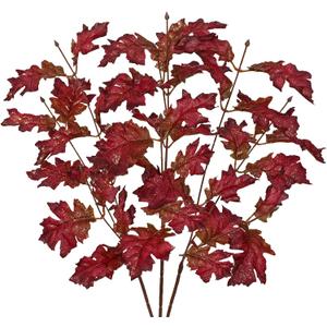 3Pcs Artificial Oak Leaves Branches Fake Fall Leaves Stems Plants Shiny Faux Oak Leaf Bushes Shrubs for Home Kitchen Decor Autumn Thanksgiving Fireplace Festival Party Decorations Red