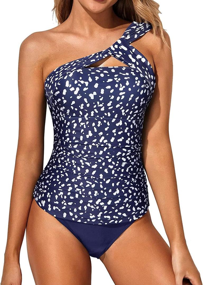 Tempt Me Two Piece Tankini Bathing Suits for Women One Shoulder Swim Top with Bottom Swimsuits (XX-Large, Blue Dot)