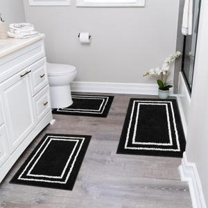 Uphome Bathroom Rugs Sets 3 Piece, Modern Black and White Bathroom Mat Set Non Slip Machine Washable, Soft Absorbent Bath Mat Set with U Shaped Toliet for Tub, Shower