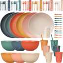 66 Pcs Dinnerware Sets, Unbreakable Plates and Bowls Sets, Reusable Dinnerware Sets for 6 People, Travel Camping Picnic Home Party Cutlery Set, Dishwasher Microwave Safe Dishes (6 Dark Color)