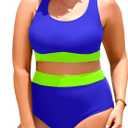 Aqua Eve Plus Size Two Piece High Waisted Bikini Swimsuits Scoop Neck Bikini Set Sporty Bathing Suits (Blue and Neon Green) 18W