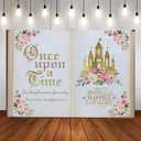 Aumeko 8x6ft Once Upon a Time Backdrop Pink Floral Gold Castle Princess Fairytale Birthday Party Decoration Girls First Birthday Party Photobooth Backdrop Supplies Cake Table Decorations