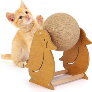 Outamateur Cat Scratching Ball Toy, Sisal Scratching Ball with Cute Stable Stand, Interactive Play and Exercise Toy for Kittens, Cats, Small Pets (Penguin)