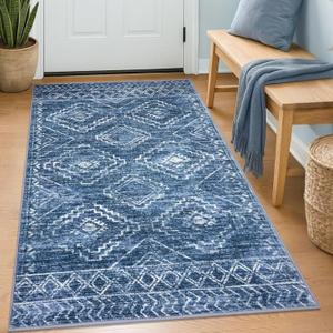 KILOCOCO Small Area Rug 3'x5' Entryway Rug Washable Rugs, Stonewashed Blue | Non Slip Entry Rug, Low Pile Kitchen Rugs, Printed Geometric Small Rugs for Living Room Bedroom, Soft Door Rug
