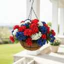 Riceshoot Red White Blue Artificial Flower Hanging Basket for Outdoor 4th of July Patriotic Decorations America Memorial Day Decoration for 250th Birthday Supplies of America Independence Day