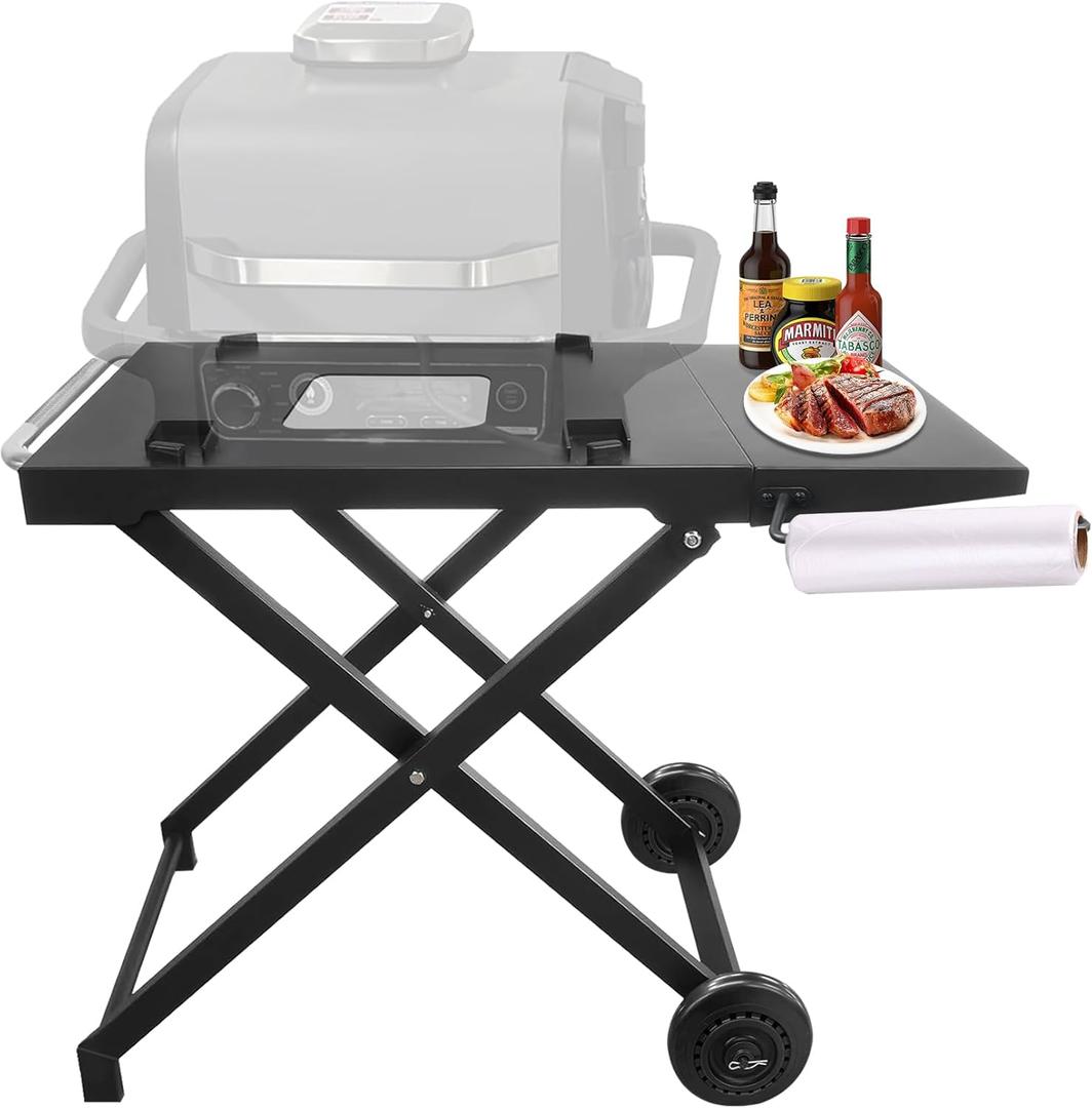 SafBbcue Outdoor Collapsible Grill Stand for Ninja Woodfire OG700 Series Grill Ninja OG701 OG751 Woodfire Foldable Grill Cart Attachable Side Table Ninja Woodfire Outdoor Oven Cart Accessories Upgrade