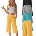 YooAurvox 4 Pack Girls' Capri Pants Wide Legs Capris with Pockets Elastic Waist Workout Yoga Pants Loose Sweatpants for Kids(Black, Light Heather Gray, Blue Green, Bright Yellow,13-14 Years)