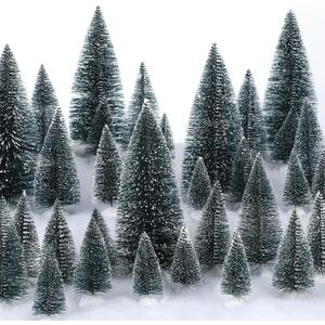 Crowye 80 Pcs Christmas Village Trees Bottle Brush Christmas Trees with White Plastic Base for Xmas Crafts Table Decor, 6 Sizes(Dark Green)