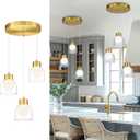 LMS 3-Light Cluster Mid Century LED Pendant Light, Brushed Gold Pendant Light Fixtures with White & Clear Double Glass, Adjustable Hanging Lamp for Dining Room Living Room Bedroom, LMS-601PL-BG3