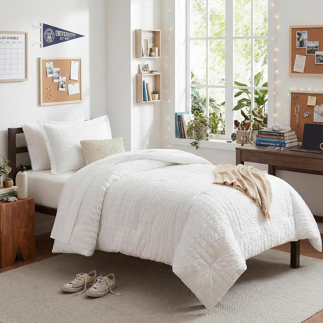 CozyLux Twin XL Seersucker Comforter Set with Sheets White 5 Pieces Bed in a Bag Twin Extra Long Luxury Soft Bedding Sets for College Dorm with Down Alternative Comforter, Sheets, Pillowcase & Sham
