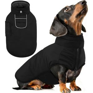 AOFITEE Small Dog Winter Coat, Waterproof Puffer Jacket With Harness Hole & Fleece Collar, Reflective Warm Snowsuit for Chihuahua, Yorkshire, Dachshund, Black S