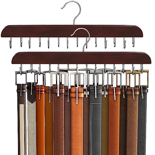 Belt Hanger for Closet, Sturdy Wood Belt Rack Closet Accessories with 14 Hooks Belt Organizer for Closet Organizers and Storage Max 42 Belts-Mahogany, 2 Pack