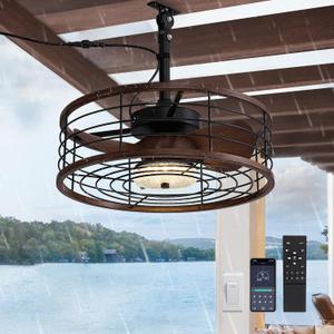 Outdoor Ceiling Fan with Light, Waterproof Plug in Caged Ceiling Fan, 6 Speeds, 3 Color LED Light, 20 Outdoor Hanging with Hook Gazebo Fan with Remote for Patios, Pergola, Canopy