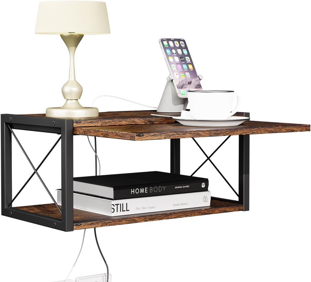 2-Tier Floating Nightstand, Wall Mounted Bedside Table, Wood Bedside Shelf Wall Mounted Nightstand, Floating Bedside Table Wall Shelf for Bedroom, Living Room, Kitchen, Office, Rustic Brown