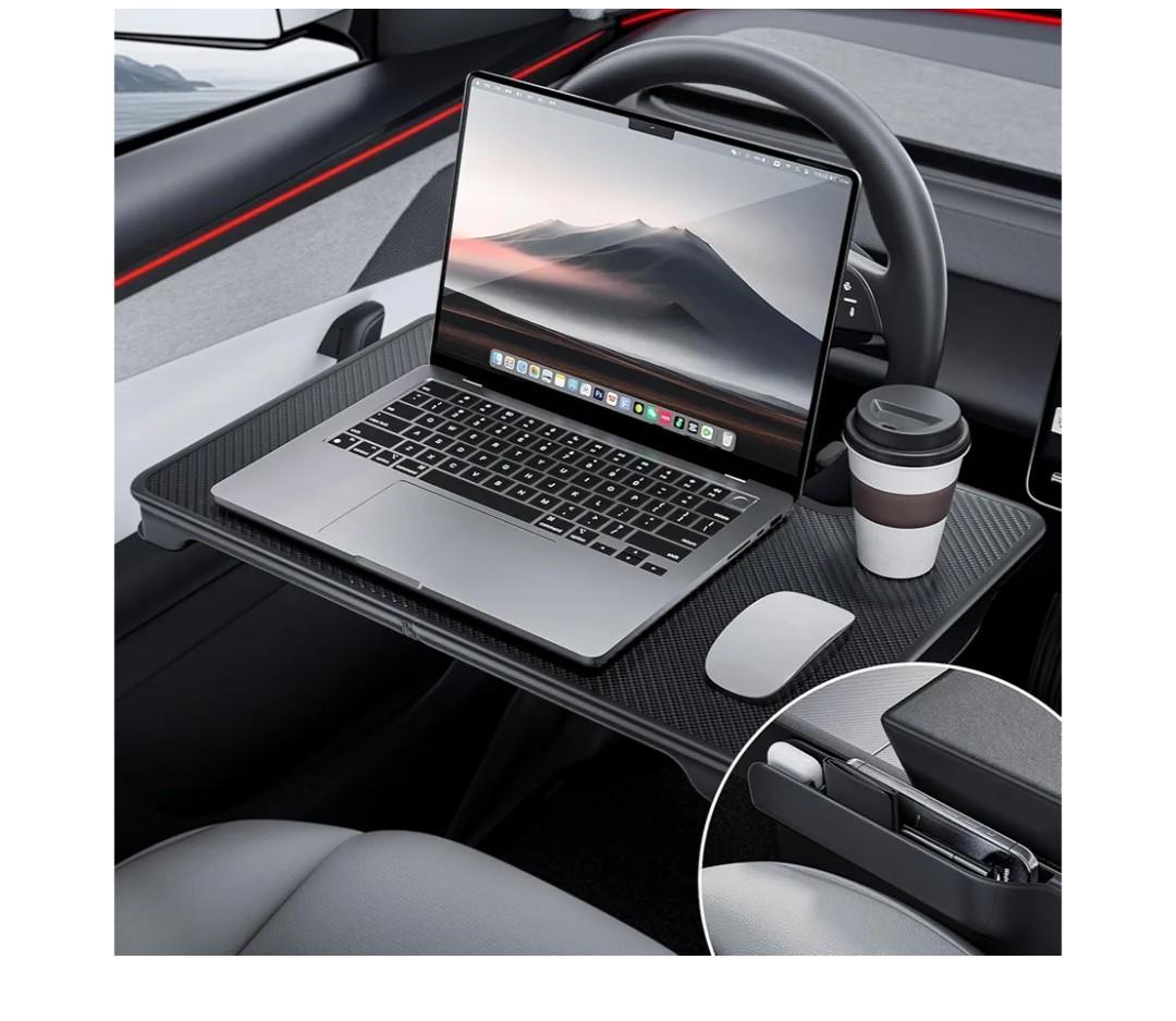 YONZEE 2-in-1 Car Steering Wheel Desk Tray & Car Seat Gap Filler Organizer – Foldable Carbon Fiber Look Table for Laptop, Eating Food, Writing – for Standard Round Steering Wheels