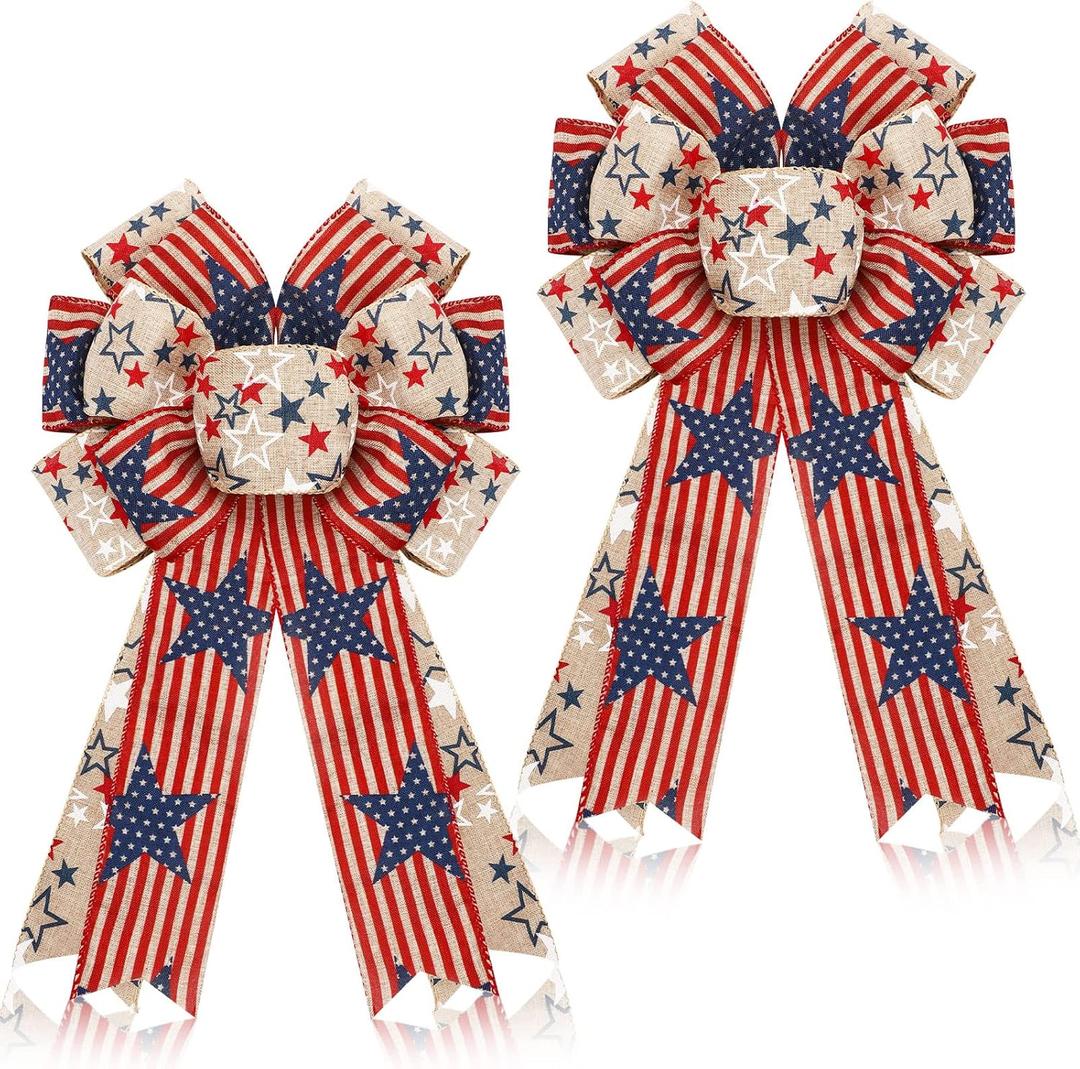 Unittype 2 Pcs Large Patriotic Wreath Bow Decor, 4th of July Wreath Red White Blue Burlap American Flag Star Bow for Indoor Outdoor Tree Topper Independence Day Memorial Day Party Decor,10 x 18 Inch
