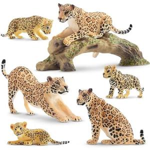 Toymany 7PCS Leopards Figurines with Leopards Cub and Tree Trunk, Realistic Jungle Animals Figures Family Playset, Educational Toy Cake Toppers