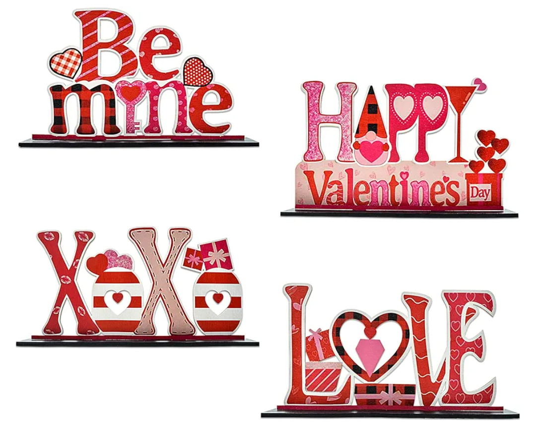 4Pcs Valentine's Day Decorations Love Wooden Table Sign, Anniversaries Tabletop Centerpiece Signs Ornaments for Gift Dining Room Table Party Home Kitchen Holiday Decorations Gift for Girlfriend Wife