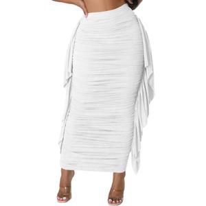 Lrady Women High Waist Ruched Bodycon Side Ruffle Tassles Fringe Pencil Casual Party Maxi Long Skirt, M