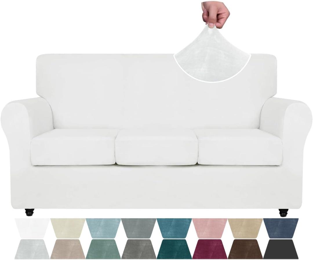 Couch Cover 4 Piece Stretch Sofa Covers for 3 Cushion Couch Thick Soft Spandex Sofa Slipcover Living Room Anti Slip Dogs Pet Furniture Protector (White, Sofa)