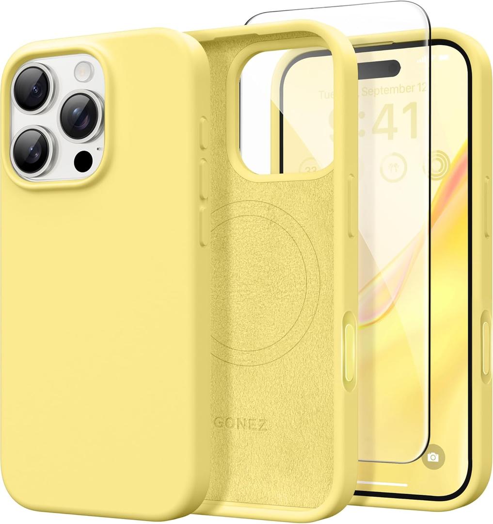 GONEZ Magnetic for iPhone 16 Pro Case, [Compatible with MagSafe] Anti-Scratch Microfiber Lining & Screen Protector, Silicone Camera Control, Shockproof Slim Phone Cover 6.3 inch, Yellow
