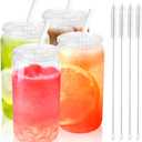 Joyclub 4pcs Glass Cups with Acrylic Lids and Straws 16 oz Can Shaped Glass Iced Coffee Cups with Lids and Straws, Cute Tumbler Cup Drinking Glasses for Smoothie Whiskey Boba Soda Tea Gift (Clear 4 Pack)
