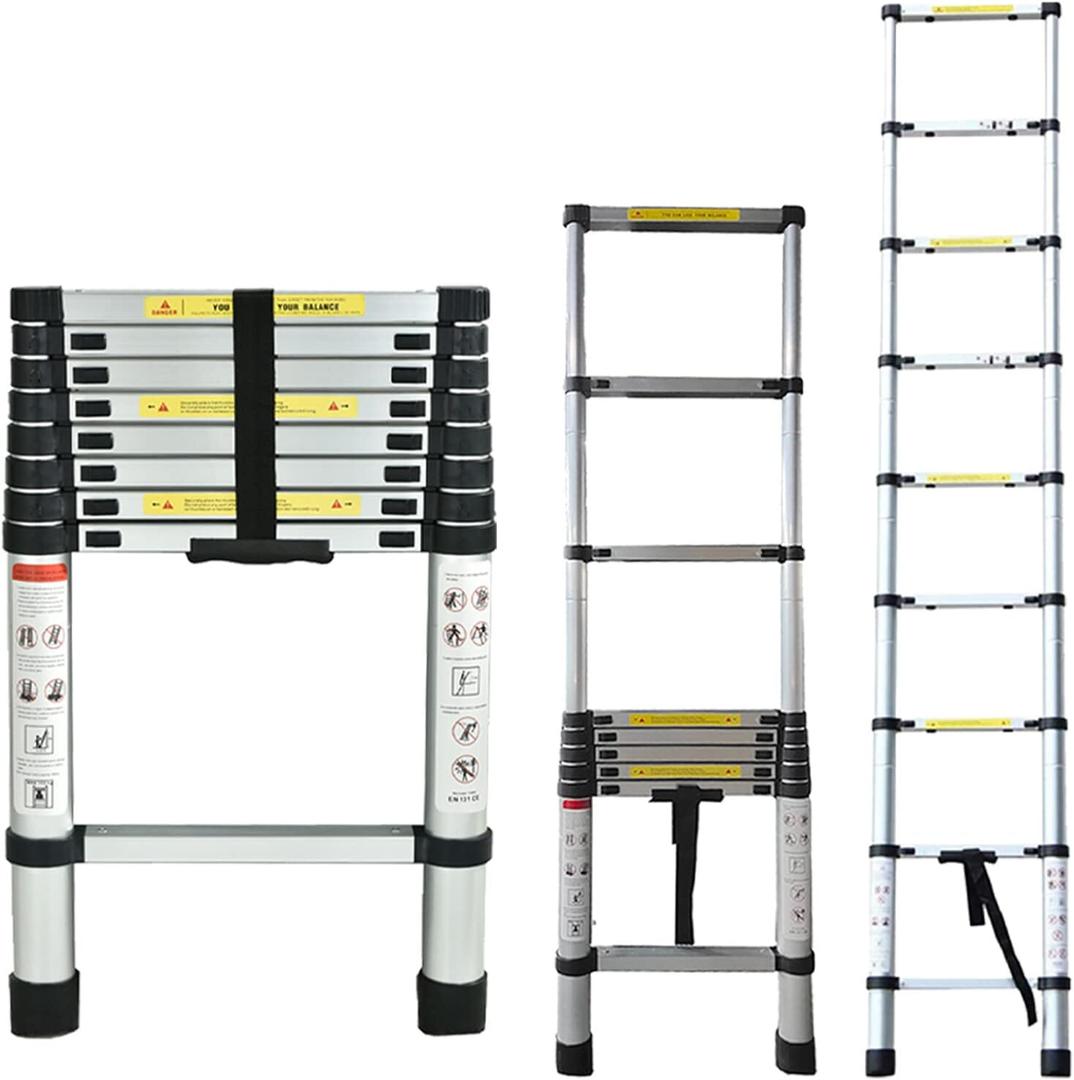 Telescoping Ladder 8.5FT/2.6M Aluminum Telescopic Extension Ladder Lightweight Extendable Ladder Portable Collapsible Straight Ladder EN131 Standard for Household Daily RV Work, 330 Pound Capacity (2.6M/8.5FT Straight (Silver))