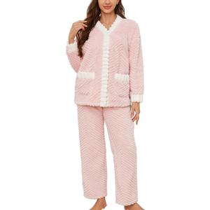LYCY Women's Plush Fleece Pajama Set,Soft Cozy Pajama for Women Warm Sleepwear Lounge PJS (Medium, Pink+white)