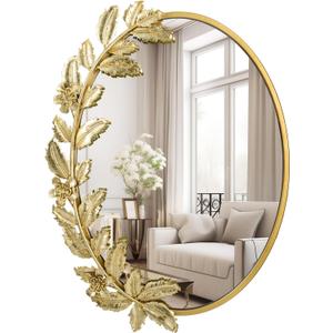 Gold Oval Decorative Mirror, 18x24 Inch Metal Frame Ornate Flower Leaves Modern Wall Mirror for Living Room, Bedroom, Entryway, Dresser, Bathroom